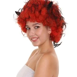 HPO Womens Devil Wig With Horns | Jumbo Super Size Afro Almost Red Halloween Wig | Premium Breathable Capless Cap Women's