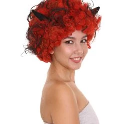 HPO Womens Devil Wig With Horns | Jumbo Super Size Afro Almost Red Halloween Wig | Premium Breathable Capless Cap Women's