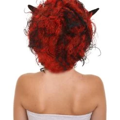 HPO Womens Devil Wig With Horns | Jumbo Super Size Afro Almost Red Halloween Wig | Premium Breathable Capless Cap Women's