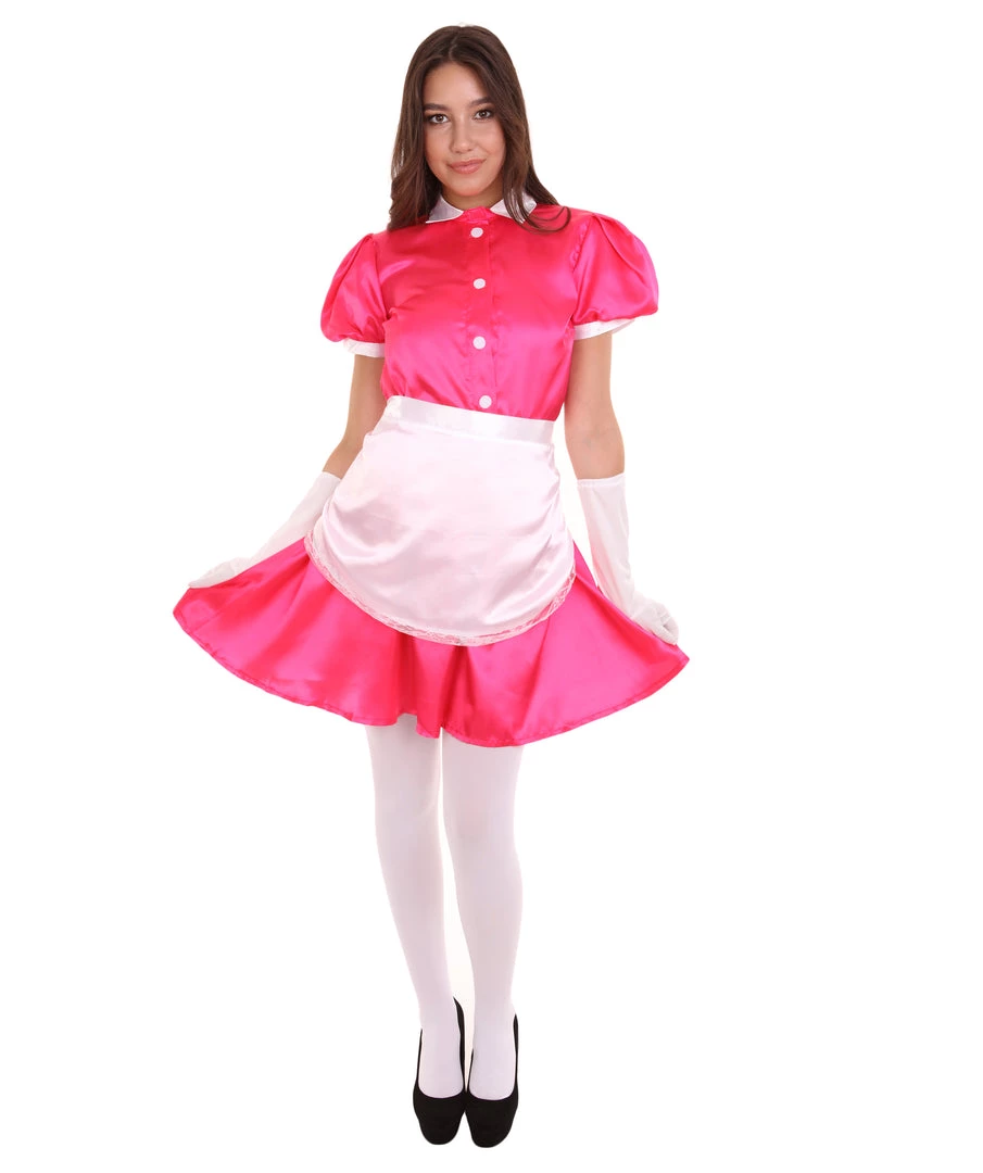 HPO Adult Women's French Apron Maid Uniform Costume | Pink Cosplay Costume 1 HPO Adult Women's French Apron Maid Uniform Costume | Pink Cosplay Costume