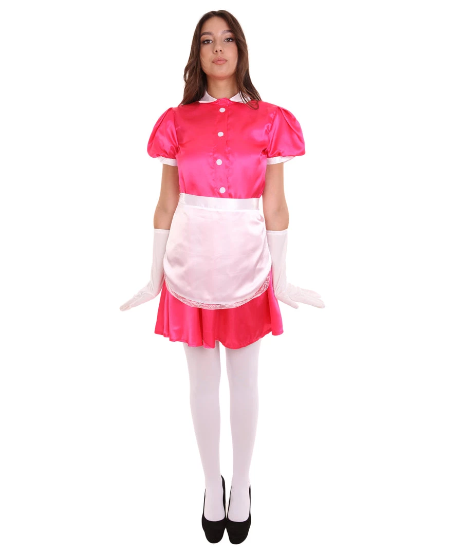 HPO Adult Women's French Apron Maid Uniform Costume | Pink Cosplay Costume 2 HPO Adult Women's French Apron Maid Uniform Costume | Pink Cosplay Costume