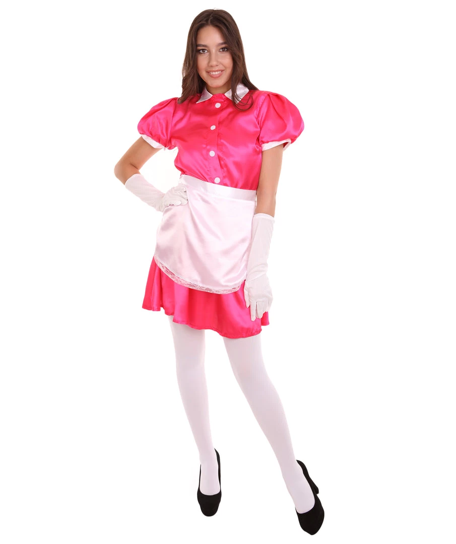HPO Adult Women's French Apron Maid Uniform Costume | Pink Cosplay Costume 3 HPO Adult Women's French Apron Maid Uniform Costume | Pink Cosplay Costume