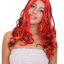 HPO Red Multicolor Womens Wig | Long Curly Party Ready Fancy Cosplay Halloween Wig | Premium Breathable Capless Cap