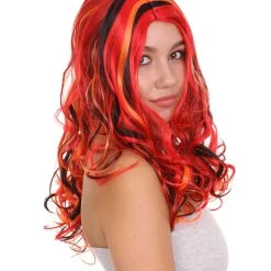 HPO Red Multicolor Womens Wig | Long Curly Party Ready Fancy Cosplay Halloween Wig | Premium Breathable Capless Cap