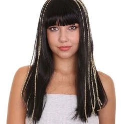 HPO Egyptian Princess Womens Wig | Gold Striped Long Black MId Eastern Queen Halloween Wig | Premium Breathable Capless Cap