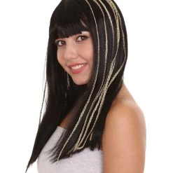 HPO Egyptian Princess Womens Wig | Gold Striped Long Black MId Eastern Queen Halloween Wig | Premium Breathable Capless Cap