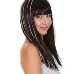 HPO Egyptian Princess Womens Wig | Gold Striped Long Black MId Eastern Queen Halloween Wig | Premium Breathable Capless Cap