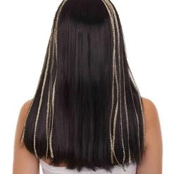 HPO Egyptian Princess Womens Wig | Gold Striped Long Black MId Eastern Queen Halloween Wig | Premium Breathable Capless Cap
