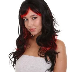 HPO Black & Red Seduction Womens Wig | Long Curly Fashion Cosplay Halloween Wig | Premium Breathable Capless Cap