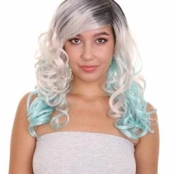 HPO Men's Long Wavy Grey And Blue Ombre Womens Wig | Fancy Party Event Ready Halloween Wig | Premium Breathable Capless Cap