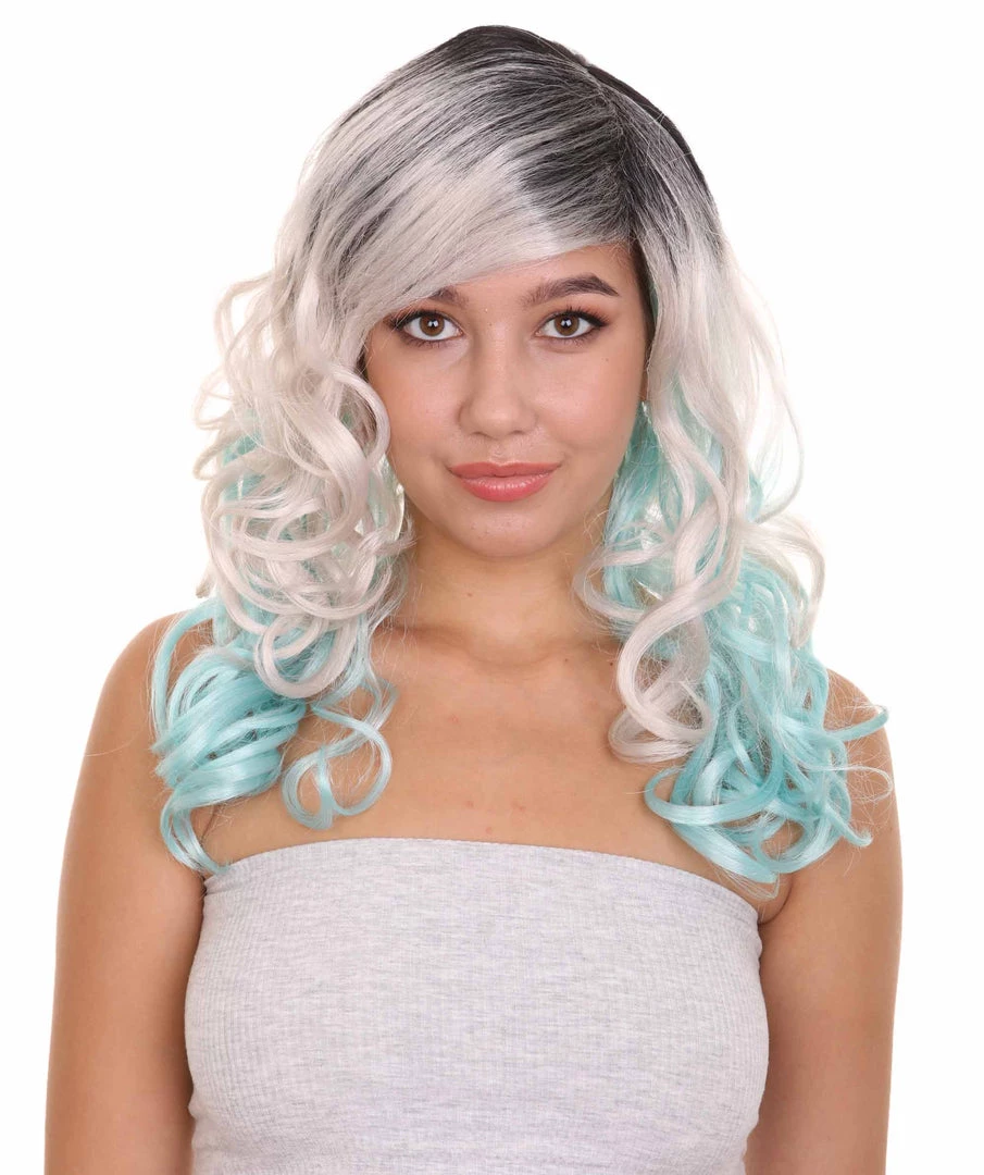 HPO Men's Long Wavy Grey And Blue Ombre Womens Wig | Fancy Party Event Ready Halloween Wig | Premium Breathable Capless Cap 2 HPO Men's Long Wavy Grey And Blue Ombre Womens Wig | Fancy Party Event Ready Halloween Wig | Premium Breathable Capless Cap