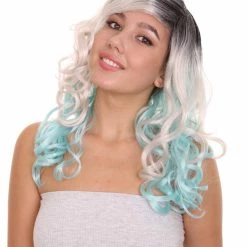 HPO Men's Long Wavy Grey And Blue Ombre Womens Wig | Fancy Party Event Ready Halloween Wig | Premium Breathable Capless Cap
