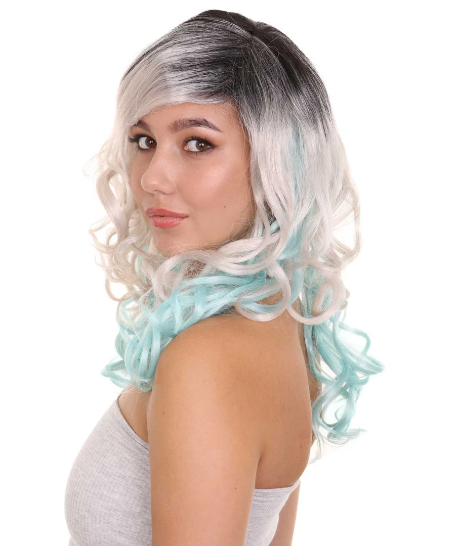 HPO Men's Long Wavy Grey And Blue Ombre Womens Wig | Fancy Party Event Ready Halloween Wig | Premium Breathable Capless Cap 3 HPO Men's Long Wavy Grey And Blue Ombre Womens Wig | Fancy Party Event Ready Halloween Wig | Premium Breathable Capless Cap