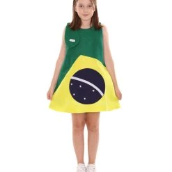 FLAGWIGS Kids Child's Girl Patriotic Celebratory Brazilian Flag Troll Dress Costume | Patriotic Cosplay Costume