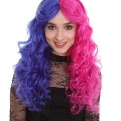 BC Women's Two Tone Blue And Pink Color Curly Medium Length Trendy Wig