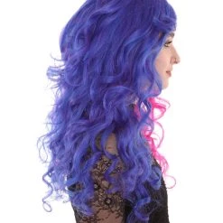 BC Women's Two Tone Blue And Pink Color Curly Medium Length Trendy Wig