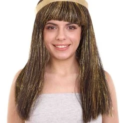 HPO Men's Deluxe Cleopatra Womens Wig | Gold Tinsel Character Cosplay Halloween Wig | Premium Breathable Capless Cap