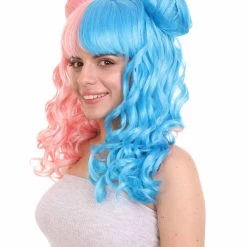 HPO Two Tone Pink & Blue Buns Womens Wig | Sexy Cosplay Party Halloween Wig | Premium Breathable Capless Cap Women's