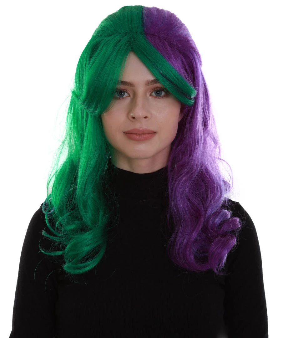 BC Women's Two Tone Green And Purple Color Wavy Medium Length Trendy Galactic Maiden Wig 1 BC Women's Two Tone Green And Purple Color Wavy Medium Length Trendy Galactic Maiden Wig