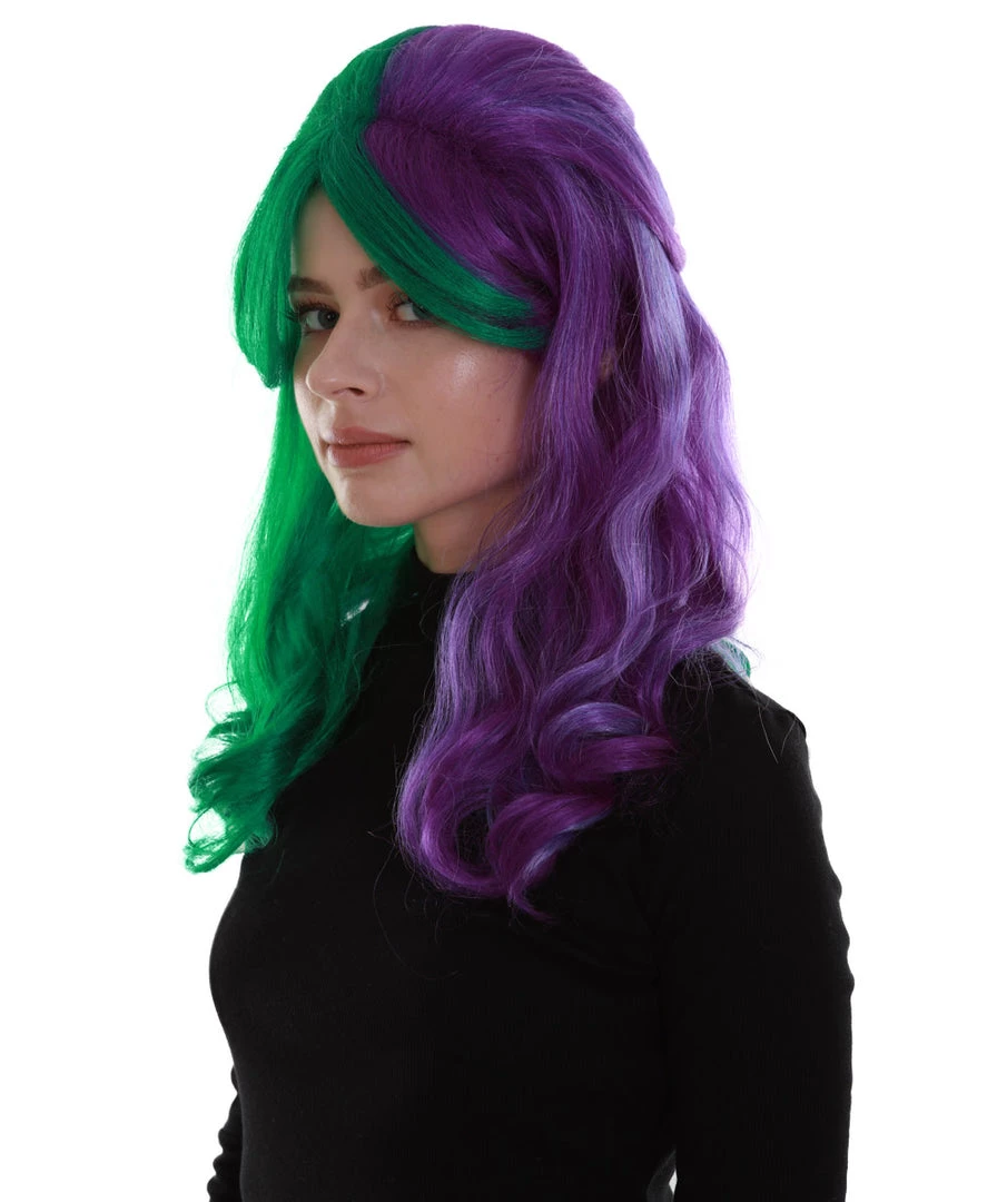 BC Women's Two Tone Green And Purple Color Wavy Medium Length Trendy Galactic Maiden Wig 2 BC Women's Two Tone Green And Purple Color Wavy Medium Length Trendy Galactic Maiden Wig