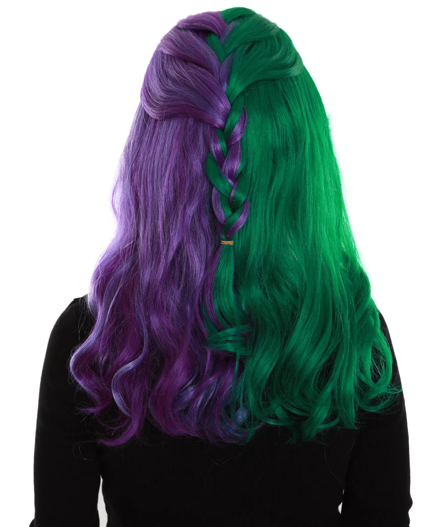 BC Women's Two Tone Green And Purple Color Wavy Medium Length Trendy Galactic Maiden Wig 4 BC Women's Two Tone Green And Purple Color Wavy Medium Length Trendy Galactic Maiden Wig