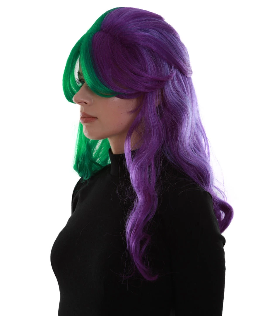 BC Women's Two Tone Green And Purple Color Wavy Medium Length Trendy Galactic Maiden Wig 3 BC Women's Two Tone Green And Purple Color Wavy Medium Length Trendy Galactic Maiden Wig