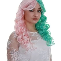BC Women's Two Tone Green And Pink Color Curly Medium Length Trendy Calypso Wig