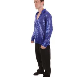HPO Adult Men's 70's Disco Sequin Shirt Costume | Blue Vintage Cosplay Costume