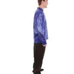 HPO Adult Men's 70's Disco Sequin Shirt Costume | Blue Vintage Cosplay Costume