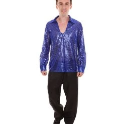 HPO Adult Men's 70's Disco Sequin Shirt Costume | Blue Vintage Cosplay Costume