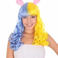HPO Men's Womens Easter Bunny Blue & Yellow Long Wavy Party Wig | Colorful Character Cosplay Wig | Premium Breathable Capless Cap