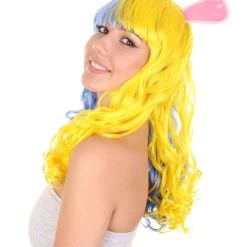 HPO Men's Womens Easter Bunny Blue & Yellow Long Wavy Party Wig | Colorful Character Cosplay Wig | Premium Breathable Capless Cap