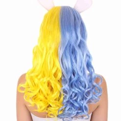 HPO Men's Womens Easter Bunny Blue & Yellow Long Wavy Party Wig | Colorful Character Cosplay Wig | Premium Breathable Capless Cap