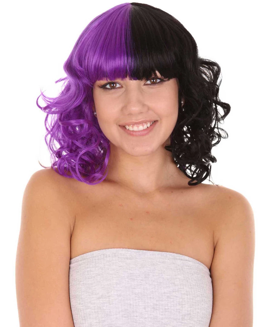 HPO Men's Adult Womens Medium Length Curly Wig Purple & Black | Fancy Event Ready Halloween Wig | Premium Breathable Capless Cap 1 HPO Men's Adult Womens Medium Length Curly Wig Purple & Black | Fancy Event Ready Halloween Wig | Premium Breathable Capless Cap