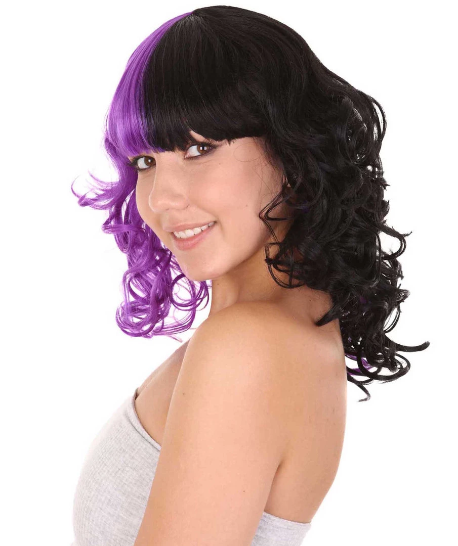HPO Men's Adult Womens Medium Length Curly Wig Purple & Black | Fancy Event Ready Halloween Wig | Premium Breathable Capless Cap 2 HPO Men's Adult Womens Medium Length Curly Wig Purple & Black | Fancy Event Ready Halloween Wig | Premium Breathable Capless Cap