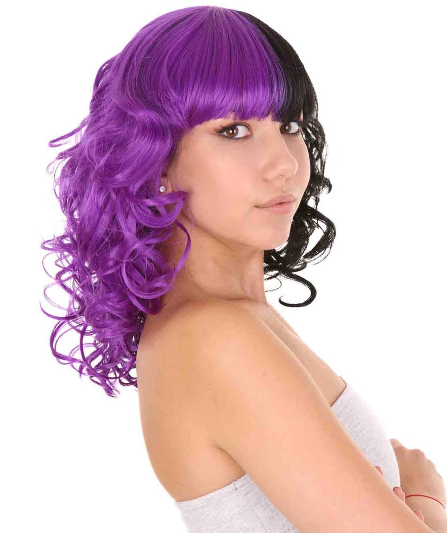 HPO Men's Adult Womens Medium Length Curly Wig Purple & Black | Fancy Event Ready Halloween Wig | Premium Breathable Capless Cap 4 HPO Men's Adult Womens Medium Length Curly Wig Purple & Black | Fancy Event Ready Halloween Wig | Premium Breathable Capless Cap