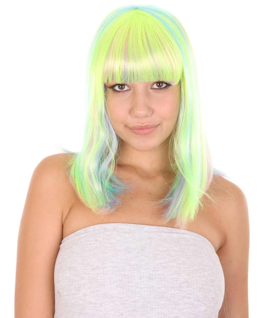 HPO Womens Bob Wig | Medium Green Yellow Party Ready Fancy Cosplay Halloween Wig | Premium Breathable Capless Cap Women's 2 HPO Womens Bob Wig | Medium Green Yellow Party Ready Fancy Cosplay Halloween Wig | Premium Breathable Capless Cap Women's
