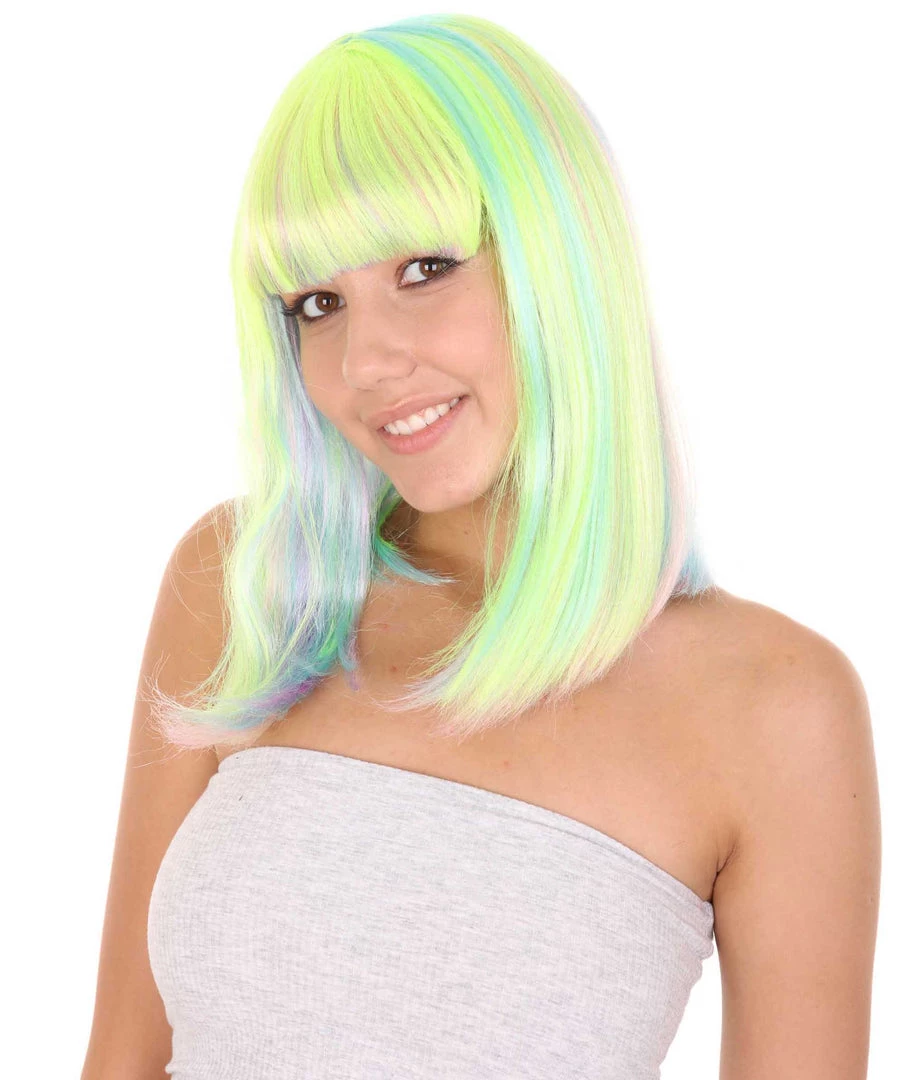 HPO Womens Bob Wig | Medium Green Yellow Party Ready Fancy Cosplay Halloween Wig | Premium Breathable Capless Cap Women's 1 HPO Womens Bob Wig | Medium Green Yellow Party Ready Fancy Cosplay Halloween Wig | Premium Breathable Capless Cap Women's