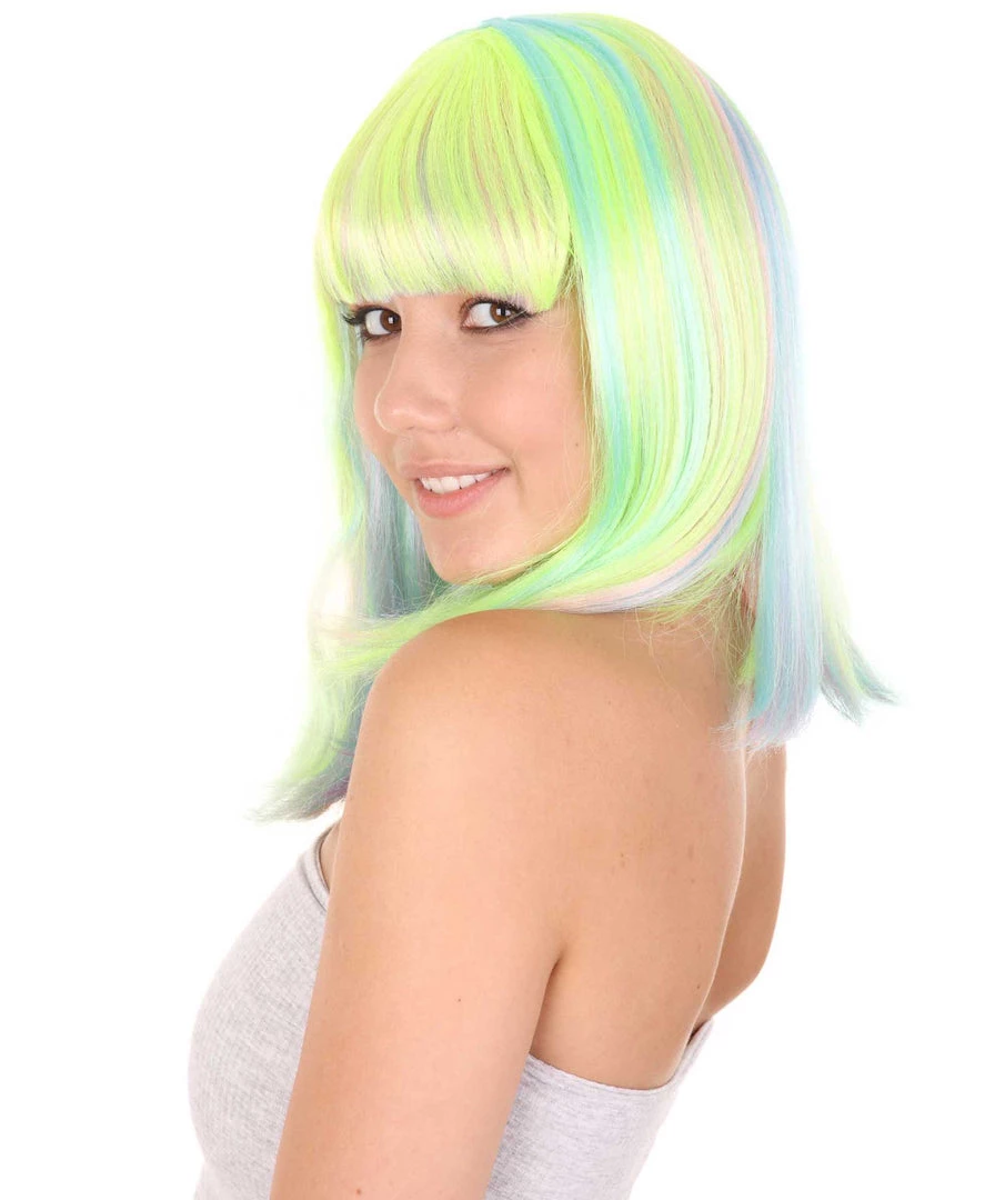 HPO Womens Bob Wig | Medium Green Yellow Party Ready Fancy Cosplay Halloween Wig | Premium Breathable Capless Cap Women's 3 HPO Womens Bob Wig | Medium Green Yellow Party Ready Fancy Cosplay Halloween Wig | Premium Breathable Capless Cap Women's