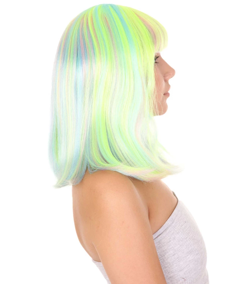 HPO Womens Bob Wig | Medium Green Yellow Party Ready Fancy Cosplay Halloween Wig | Premium Breathable Capless Cap Women's 6 HPO Womens Bob Wig | Medium Green Yellow Party Ready Fancy Cosplay Halloween Wig | Premium Breathable Capless Cap Women's