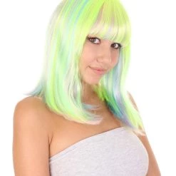 HPO Womens Bob Wig | Medium Green Yellow Party Ready Fancy Cosplay Halloween Wig | Premium Breathable Capless Cap Women's 16 HPO Womens Bob Wig | Medium Green Yellow Party Ready Fancy Cosplay Halloween Wig | Premium Breathable Capless Cap Women's