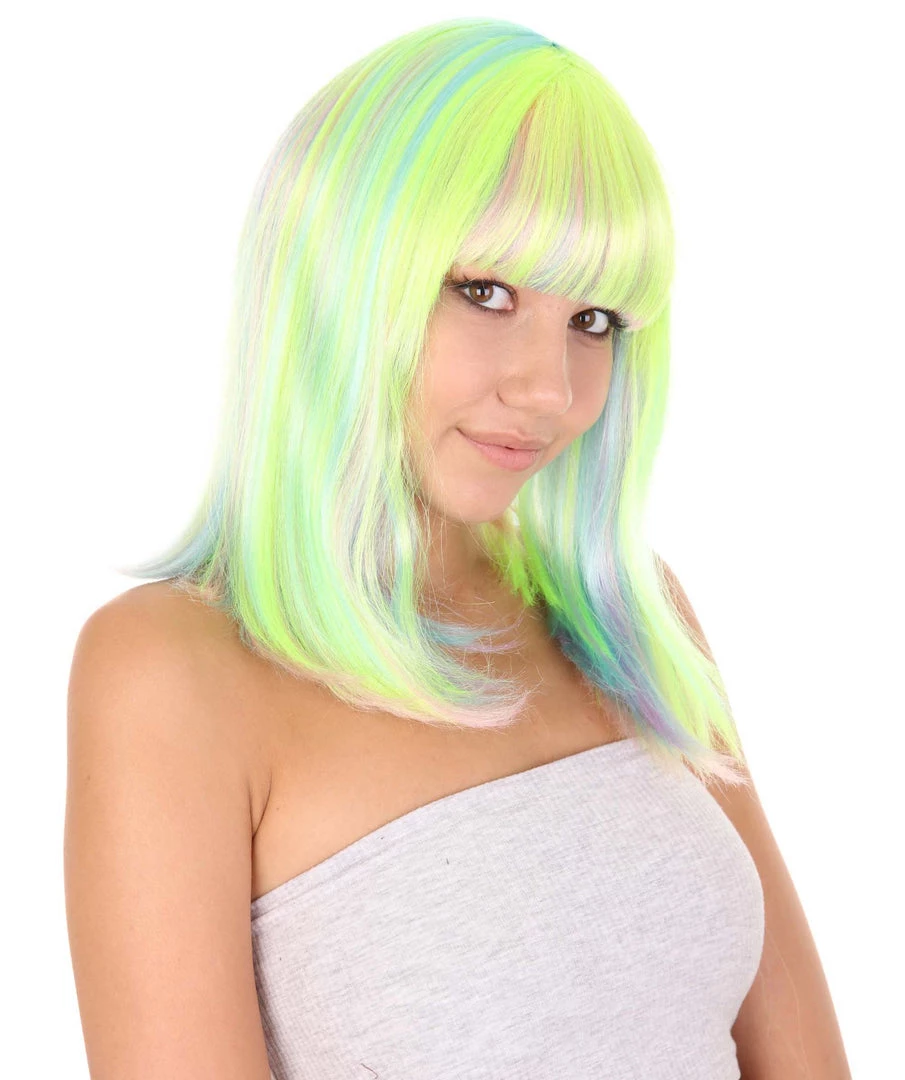 HPO Womens Bob Wig | Medium Green Yellow Party Ready Fancy Cosplay Halloween Wig | Premium Breathable Capless Cap Women's 7 HPO Womens Bob Wig | Medium Green Yellow Party Ready Fancy Cosplay Halloween Wig | Premium Breathable Capless Cap Women's