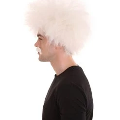 HPO Men's Mad Scientist Mens Wig & Mustache | Jumbo Cosplay Halloween Wig | Premium Breathable Capless Cap