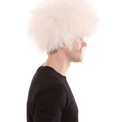 HPO Men's Mad Scientist Mens Wig & Mustache | Jumbo Cosplay Halloween Wig | Premium Breathable Capless Cap