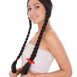 HPO Women's Black Braid Wig | Traditional CowGirl Long Wig With Red Ribbon | Premium Breathable Capless Cap