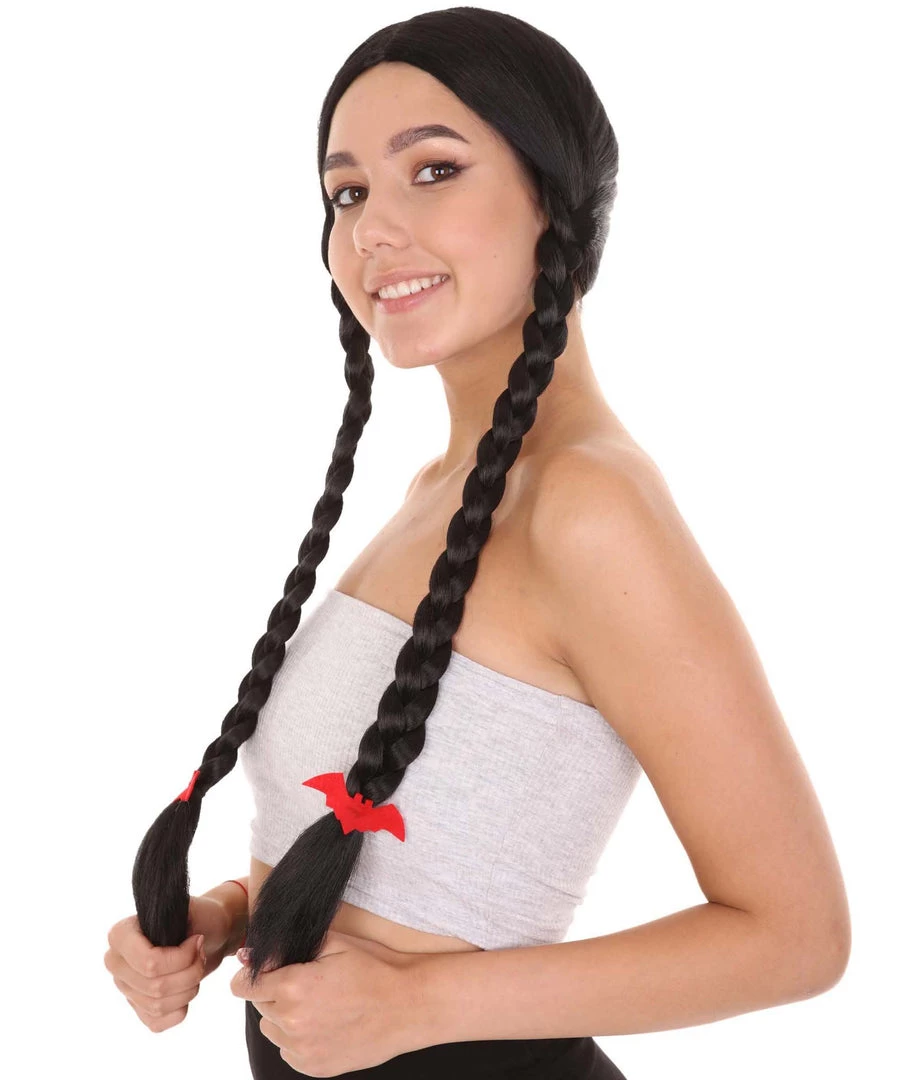 HPO Women's Black Braid Wig | Traditional CowGirl Long Wig With Red Ribbon | Premium Breathable Capless Cap 2 HPO Women's Black Braid Wig | Traditional CowGirl Long Wig With Red Ribbon | Premium Breathable Capless Cap