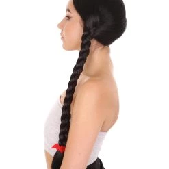 HPO Women's Black Braid Wig | Traditional CowGirl Long Wig With Red Ribbon | Premium Breathable Capless Cap 11 HPO Women's Black Braid Wig | Traditional CowGirl Long Wig With Red Ribbon | Premium Breathable Capless Cap