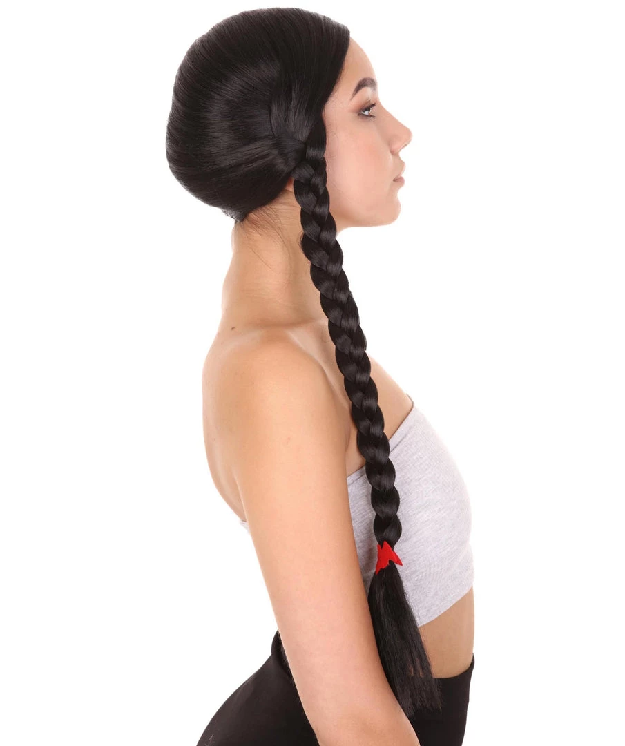 HPO Women's Black Braid Wig | Traditional CowGirl Long Wig With Red Ribbon | Premium Breathable Capless Cap 5 HPO Women's Black Braid Wig | Traditional CowGirl Long Wig With Red Ribbon | Premium Breathable Capless Cap
