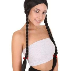 HPO Women's Black Braid Wig | Traditional CowGirl Long Wig With Red Ribbon | Premium Breathable Capless Cap 14 HPO Women's Black Braid Wig | Traditional CowGirl Long Wig With Red Ribbon | Premium Breathable Capless Cap