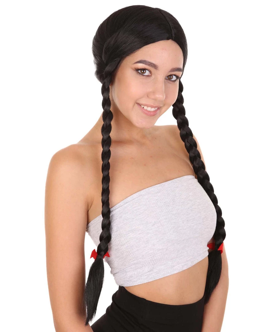 HPO Women's Black Braid Wig | Traditional CowGirl Long Wig With Red Ribbon | Premium Breathable Capless Cap 6 HPO Women's Black Braid Wig | Traditional CowGirl Long Wig With Red Ribbon | Premium Breathable Capless Cap